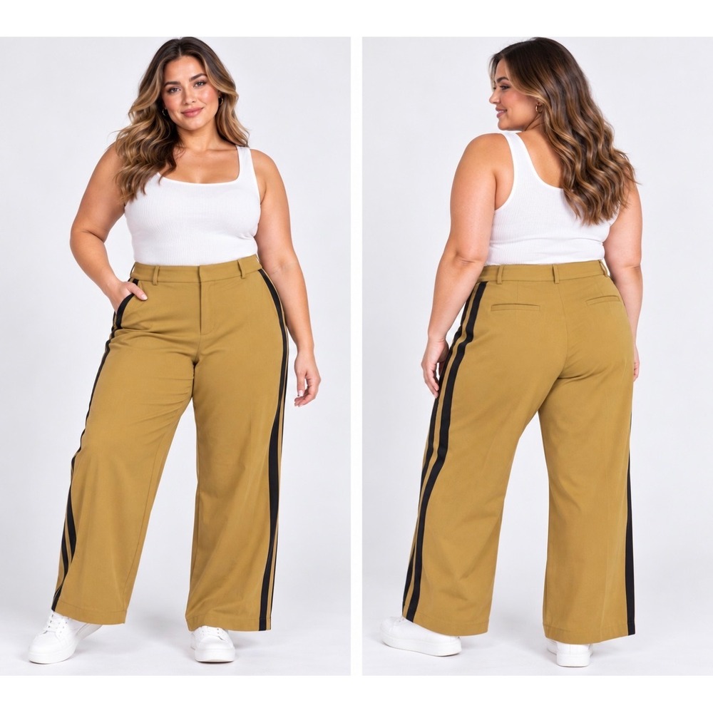 Lane Bryant Mustard Tan Wide Leg Tuxedo Stripe Pants Size 20 Regular Stretch